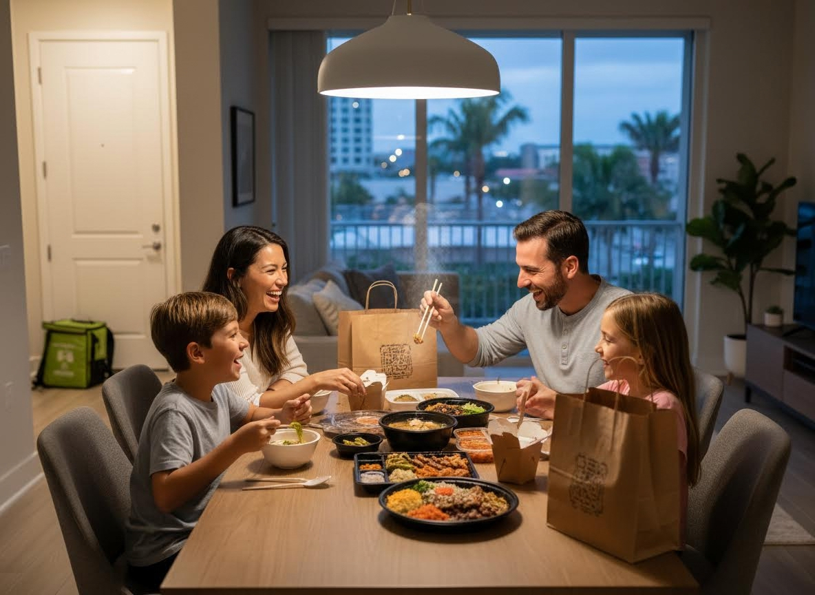 Happy Family Enjoying Takeout Dinner at Home