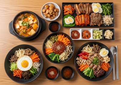 Overhead shot of a table filled with a spread of Korean dishes, including bibimbap bowls with colorful vegetables and a fried egg, a stone pot of kimchi jjigae, and a platter of grilled meats with various banchan side dishes. Korean Cuisine Feast