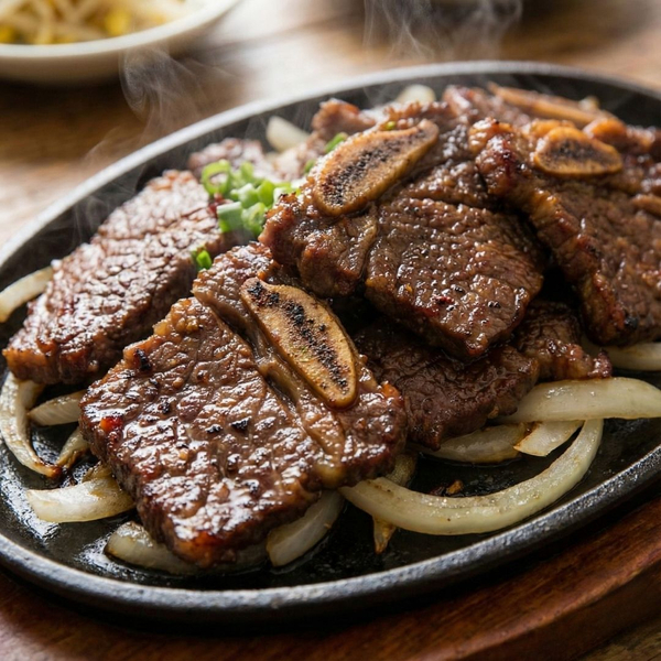 A plate of sizzling, marinated Galbi short ribs on a cast iron platter