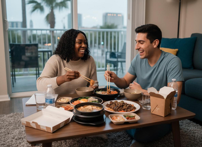 A happy man and woman smile and laugh while eating various Asian takeout dishes with chopsticks from a low table in their apartment. Couple enjoying an Asian takeout dinner at home