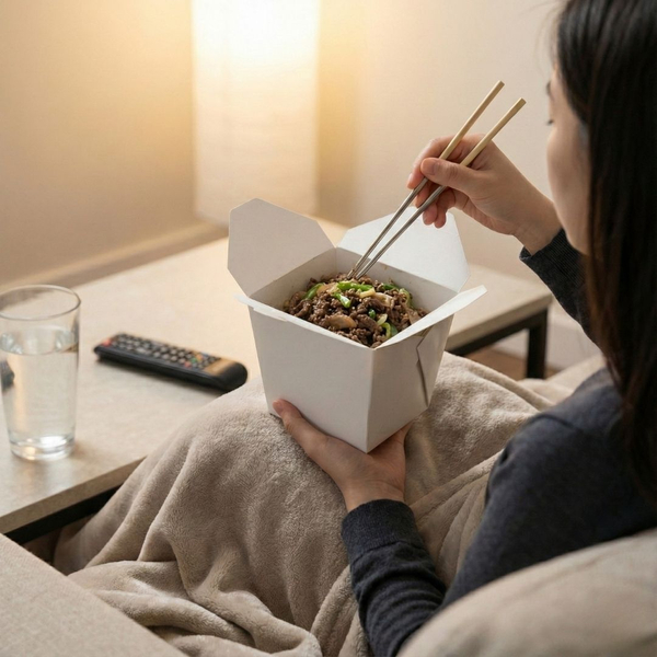 person sitting on a couch covered with a blanket, holding a white takeout container and using chopsticks to eat