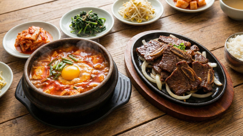 spread of authentic Korean dishes including a steaming pot of Sundubu and a plate of Galbi ribs on a wooden table