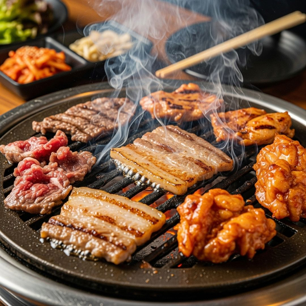 person's hands using tongs to carefully flip a piece of meat on a tabletop grill
