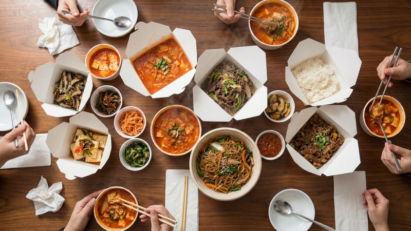 photograph captures a wooden table filled with various open white takeout containers holding Korean dishes like kimchi stew, bulgogi, and noodles, with several hands reaching in with chopsticks