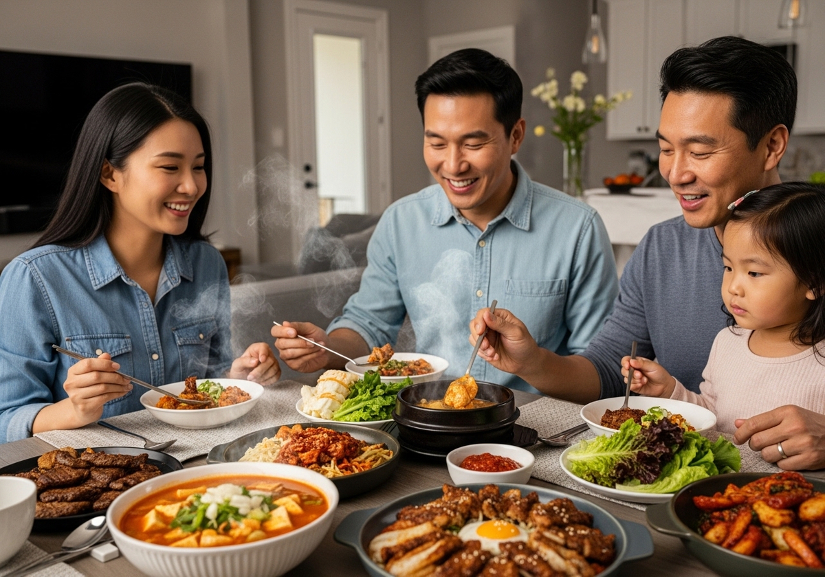 Family enjoying a Korean meal