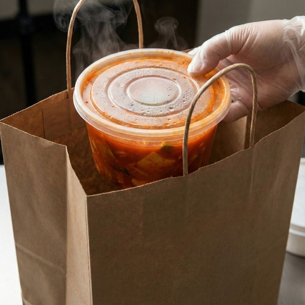 gloved hand carefully lifting a round, plastic container filled with a reddish Korean stew, steam rising from it