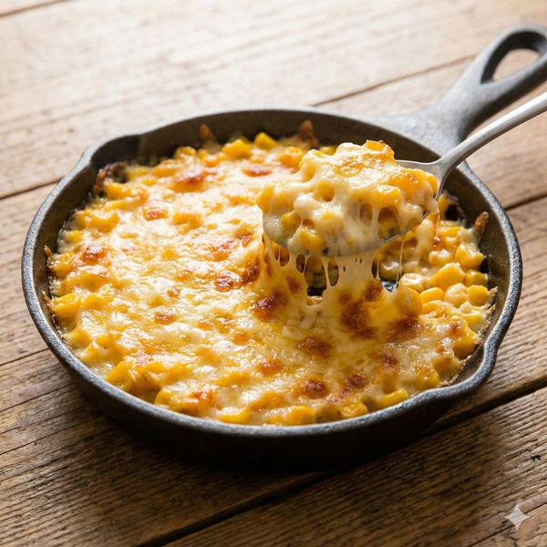 A close-up of a sizzling Korean corn cheese skillet with a spoonful being lifted