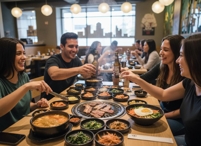 A group of happy friends gathered around a table filled with Korean BBQ, side dishes, and drinks in a lively restaurant. Friends Enjoying Korean Barbecue