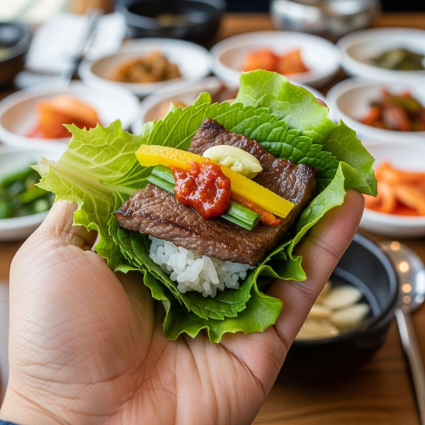 hand holds a Korean BBQ lettuce wrap filled with rice, meat, and sauce