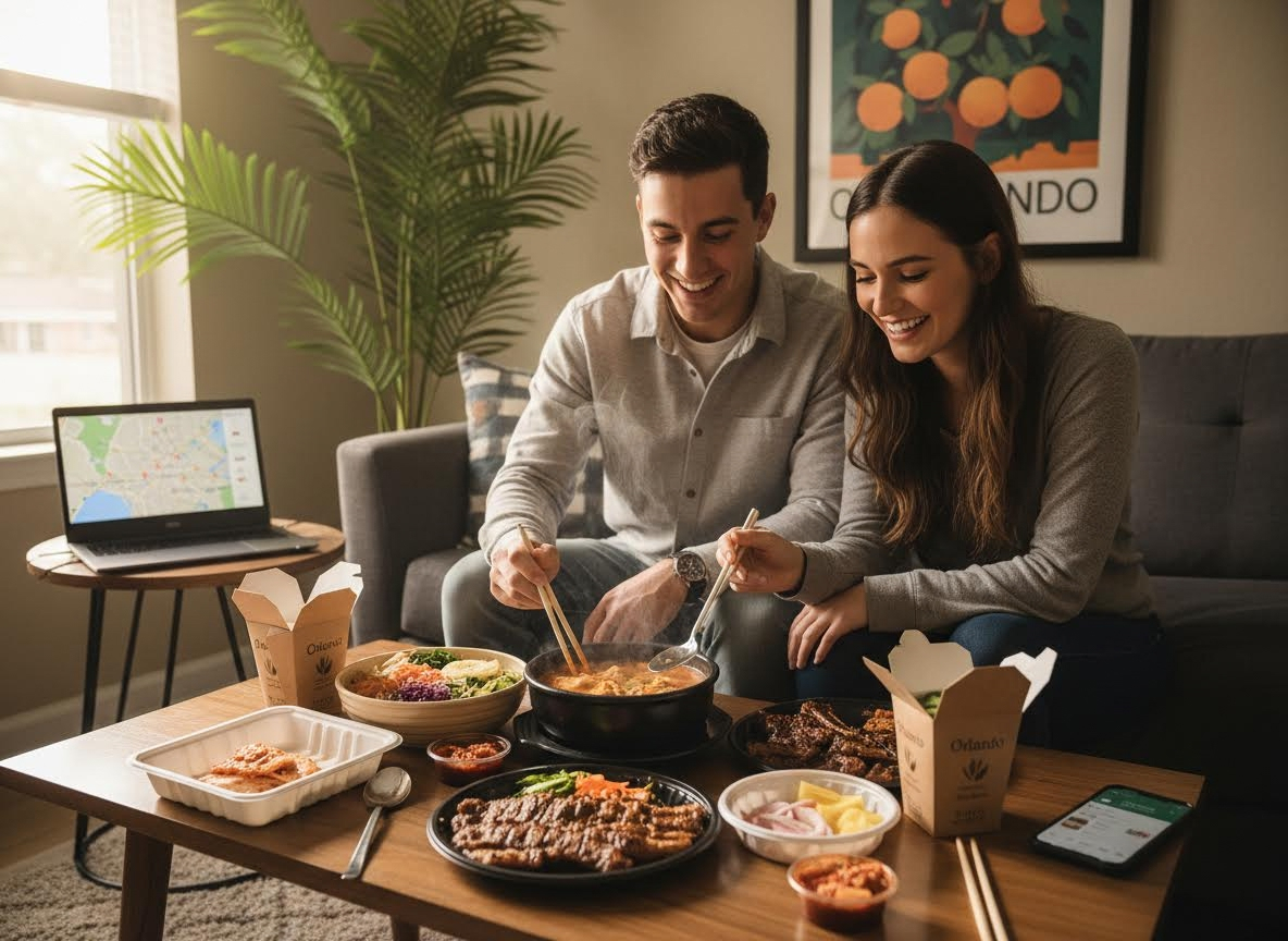 Couple enjoying takeout meal with delivery app
