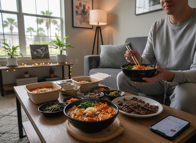 Man Enjoying Korean Takeout Meal at Home