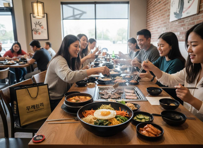 Friends Enjoying Korean BBQ and Bibimbap