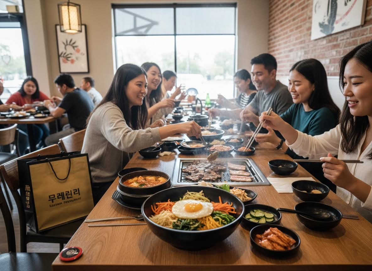 Friends Enjoying Korean BBQ and Bibimbap