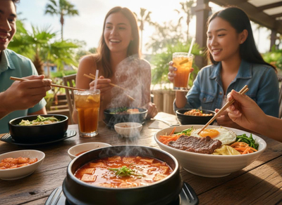 Friends enjoying a Korean meal outdoors