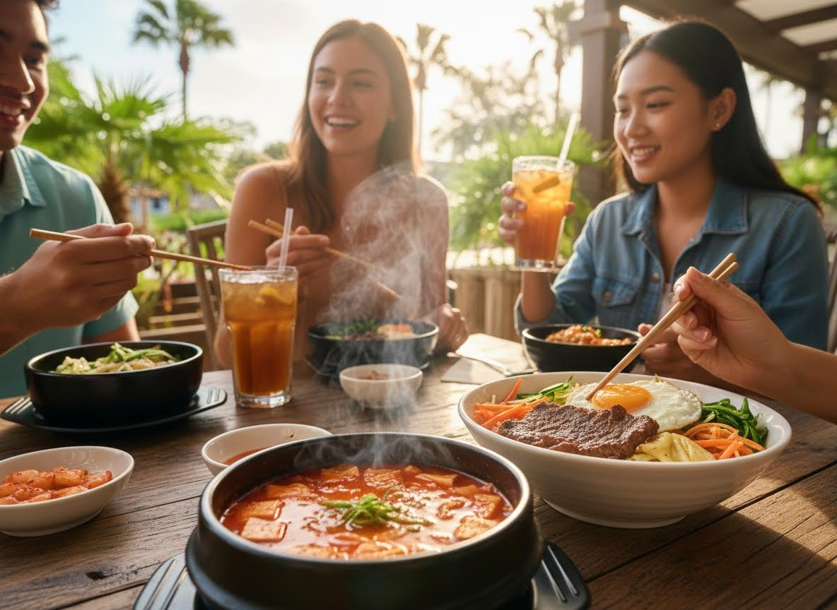 Friends enjoying a Korean meal outdoors