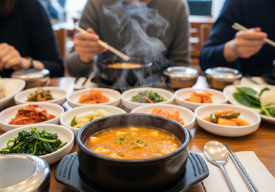 Korean Table Spread with Spicy Tofu Stew