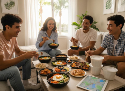 Four smiling friends, two men and two women, eat various Asian-inspired dishes with chopsticks around a coffee table in a living room. Four friends enjoying takeout Asian food at home