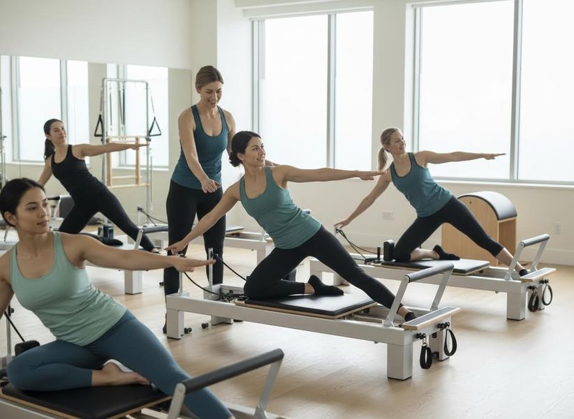 Women performing Pilates on reformer machines with an instructor
