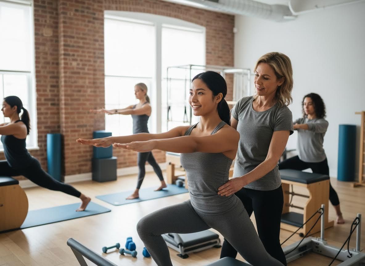 Pilates instructor assists a smiling student with lunge form in a bright studio