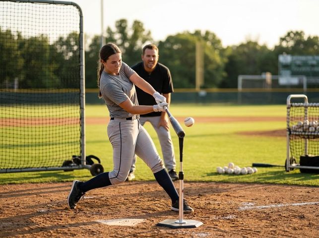 Female Baseball Player Hitting from a Tee with Coach