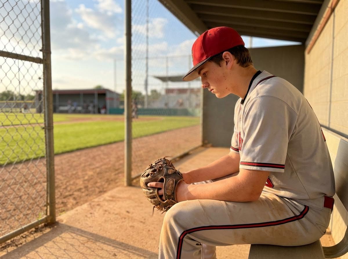 Young Baseball Player in Dugout with Glove