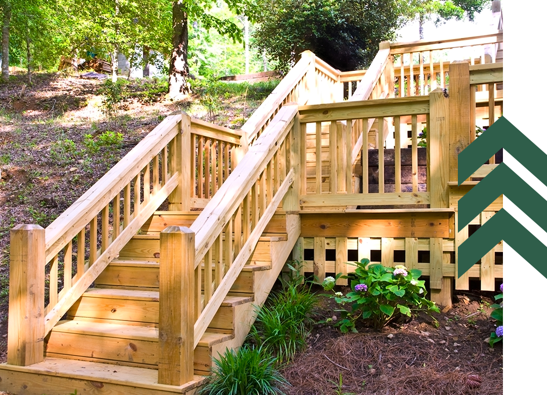 Large wooden deck with stairs