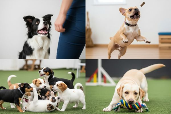 Several happy dogs eagerly participating in a group dog training class. Dog training 2.jpg