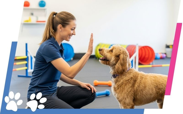 A happy dog giving a high-five to a smiling dog trainer in a bright training facility. Dog training 1.jpg