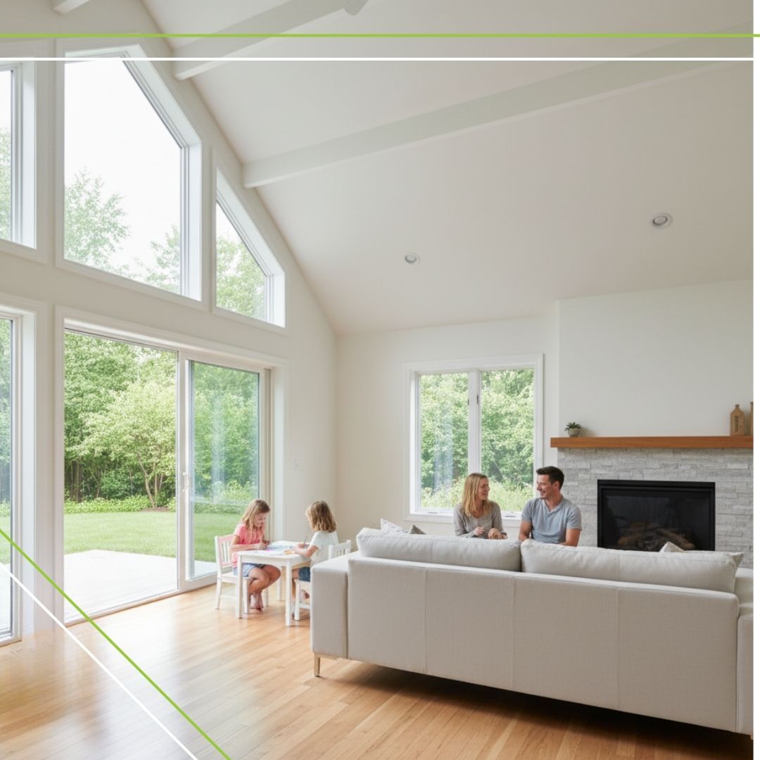 Spacious, light-filled living room with high ceilings and large windows opening to a green backyard, featuring a family relaxing, with parents on the sofa and children reading and drawing.