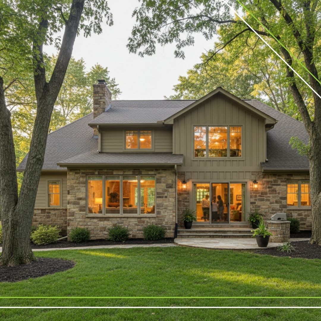 Rear exterior view of a newly constructed brick and siding home with a spacious green lawn, showcasing harmonious architectural design and a covered patio area.