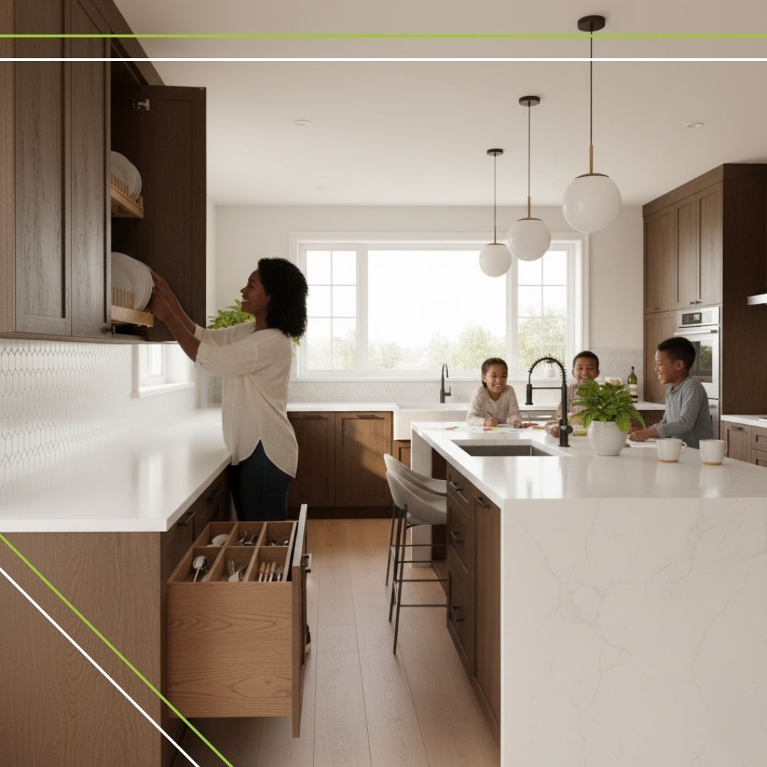 A mom smiling happily as she effortlessly puts away dishes into neatly organized kitchen cabinets and drawers