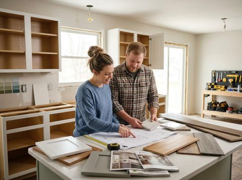 A smiling couple reviews kitchen blueprints and material samples for countertops, flooring, and cabinets in their home renovation project. Couple Planning Kitchen Renovation with Blueprints and Material Samples