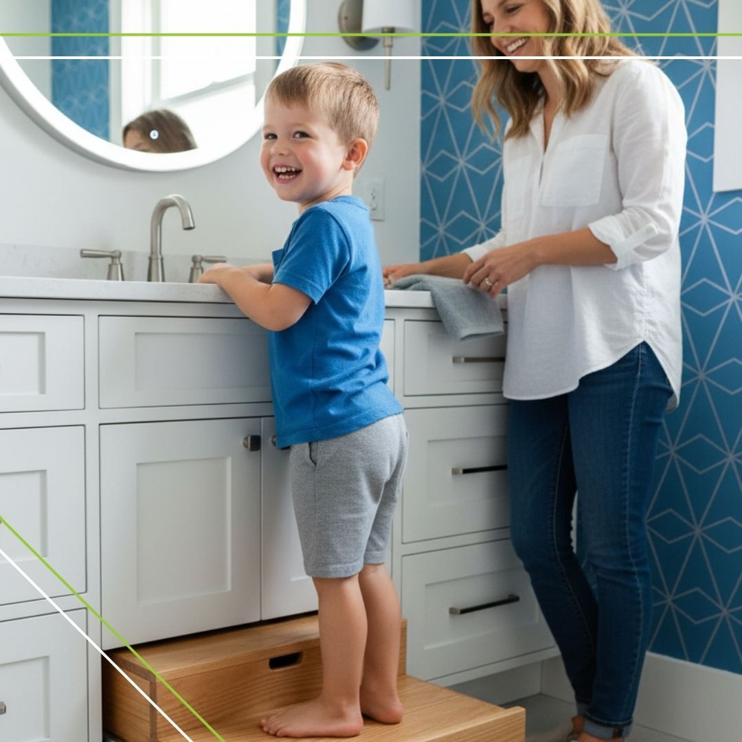 A child using a clever pull-out step integrated into a bathroom vanity cabinet, allowing easy access to the sink