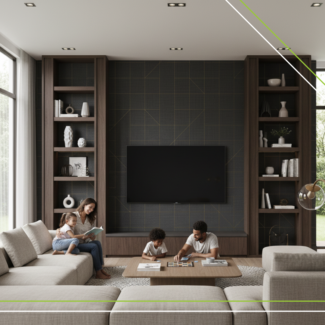 A stylish and modern living area featuring a prominent accent wall with unique texture or wallpaper.