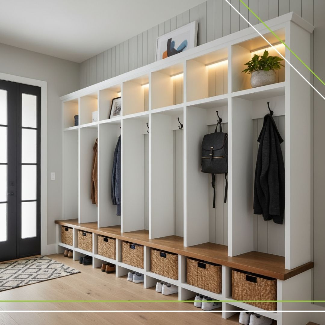 A beautifully designed entryway with built-in storage cubbies. The cubbies are clean, modern, and practical.