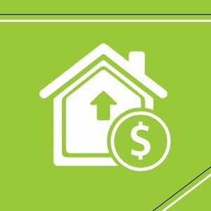 White outline icon of a house with an upward arrow and a dollar sign inside a circle, representing increased property value.