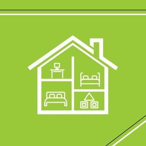 White outline icon of a house showing various interior rooms for different purposes like an office, a bedroom, and a play are