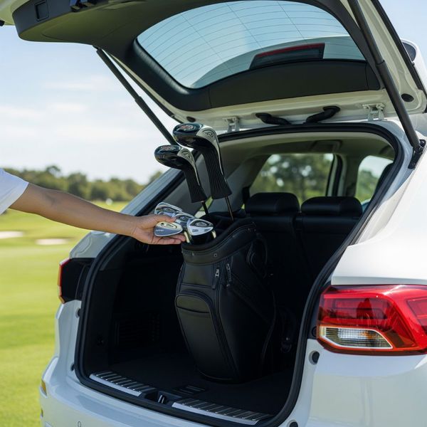 A hand places golf clubs into the trunk of a car, representing convenient travel.