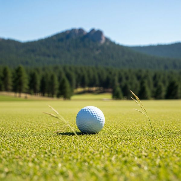 A golf ball sits on a green fairway with the Black Hills mountains in the background.