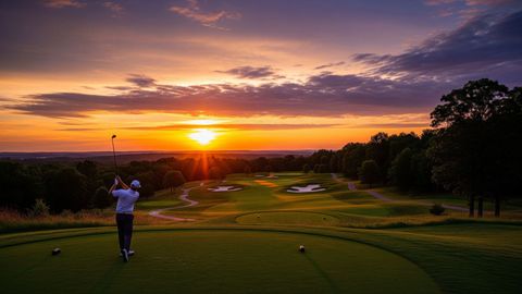 A golfer stands on a tee box overlooking a scenic Midwest golf course at sunset.