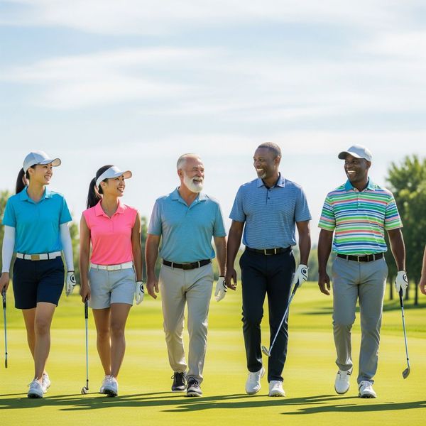 A group of diverse golfers laughing and walking together on a sunny golf course.