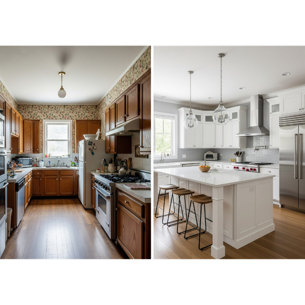 A before-and-after split image of a kitchen renovation, showing a dated kitchen on one side and a beautiful, modern kitchen on the other. Campbell Home Remodeling Services 4 (2).png