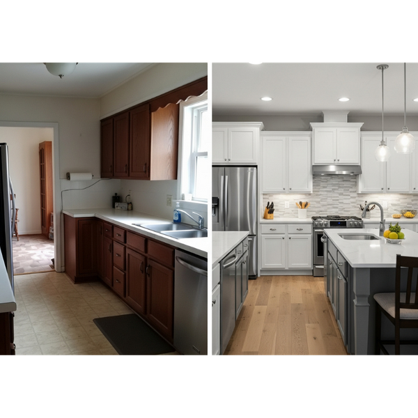 A before-and-after split image of a kitchen renovation, showing a dated kitchen on one side and a beautiful, modern kitchen on the other Los Gatos Home Remodeling Services 2.png