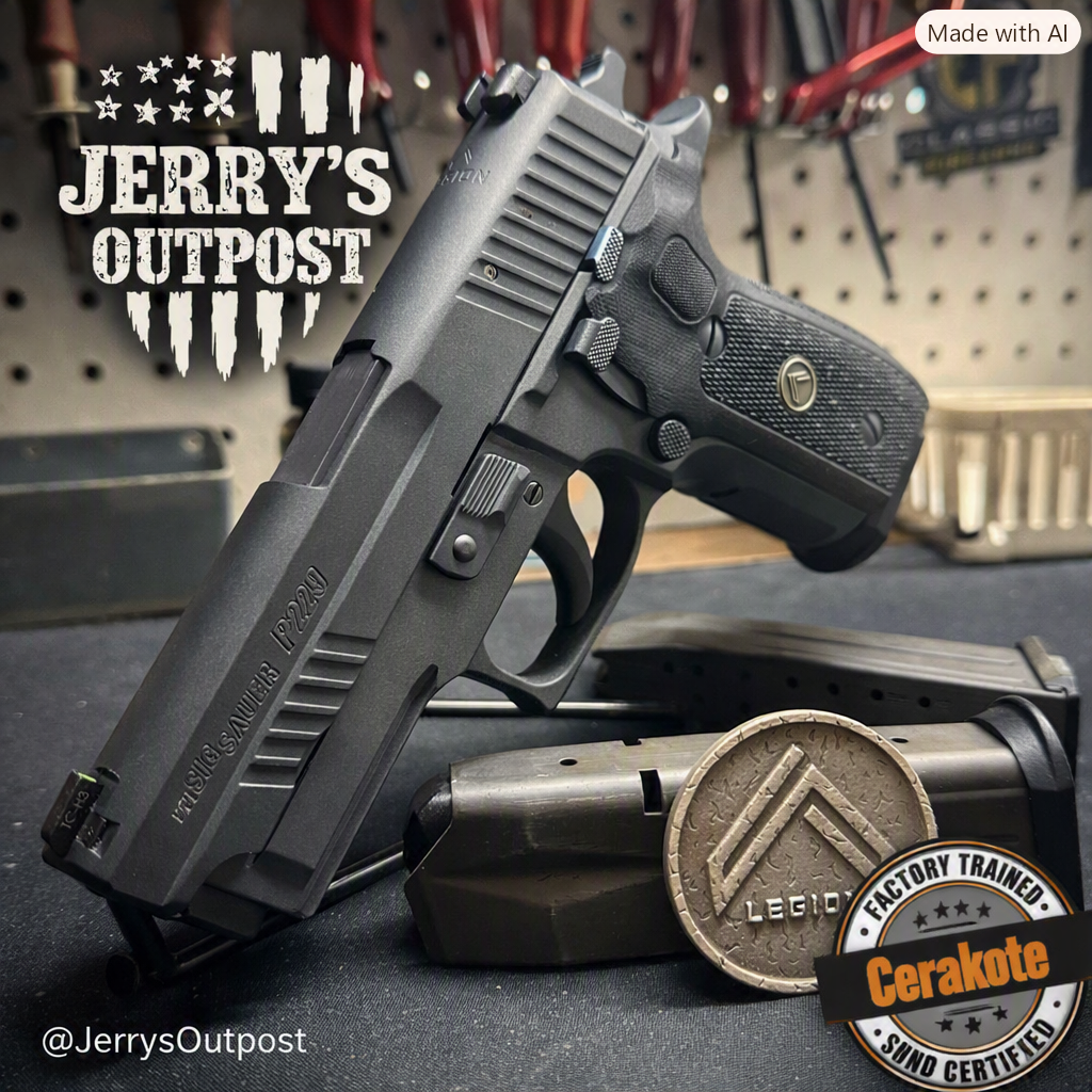 a gun and accessories with jerrys outpost logo