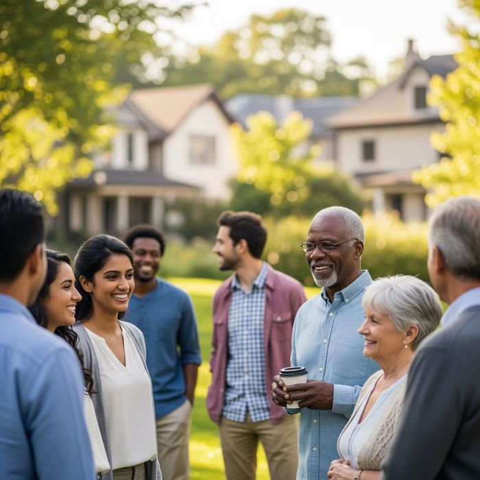 Diverse group of people in a friendly community setting.