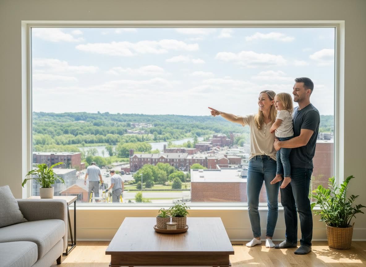 Family enjoying panoramic city view from modern living room