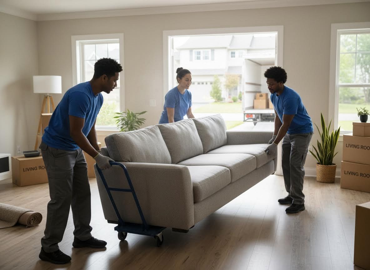 Professional movers transport a gray sofa into a new home