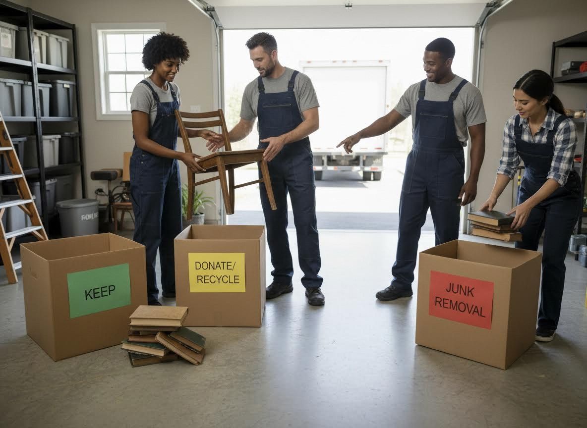 Moving team sorting items into 'Keep,' 'Donate,' and 'Junk Removal' boxes