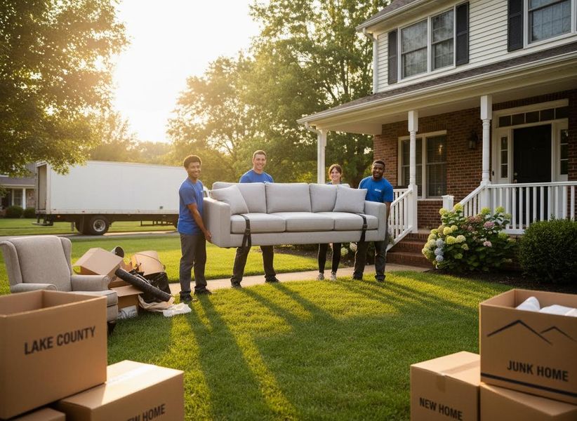 Moving team carrying a sofa into a new home