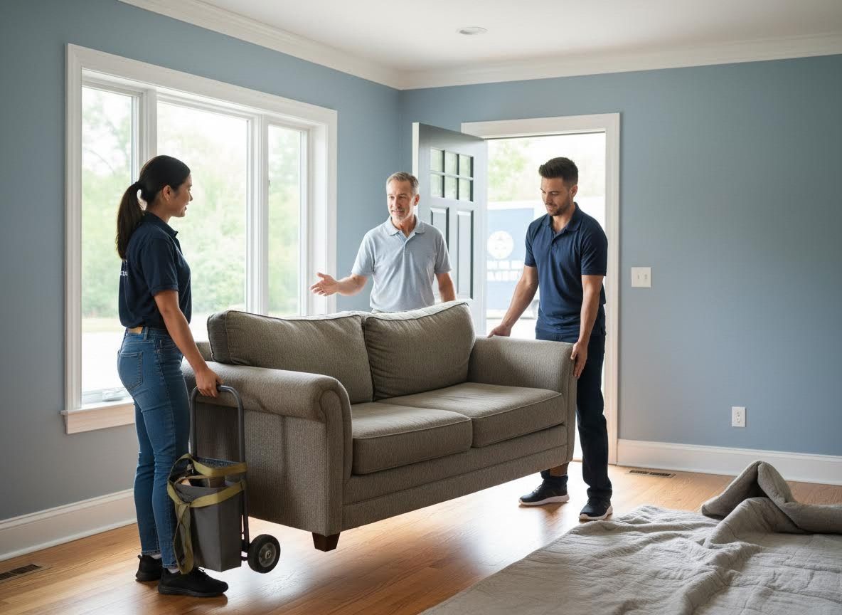Professional Movers Carrying Sofa into a Home